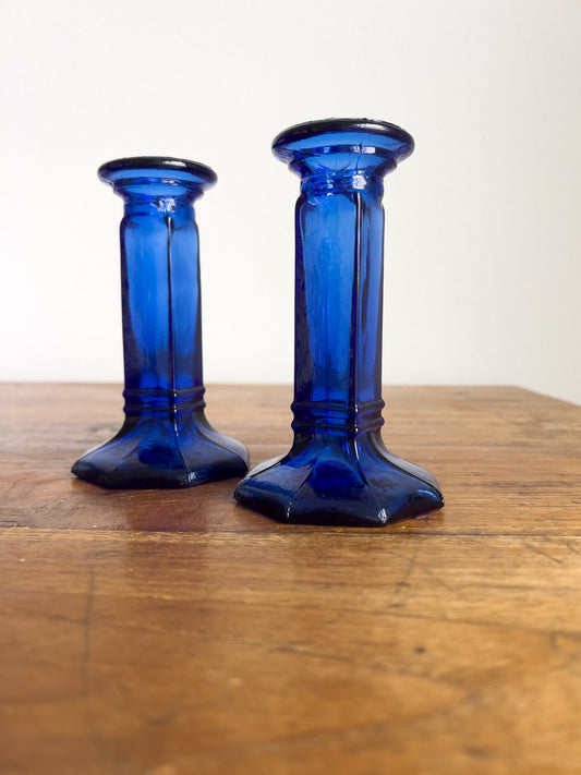 Vintage Recycled Blue Glass Taper Holders - Made in Spain