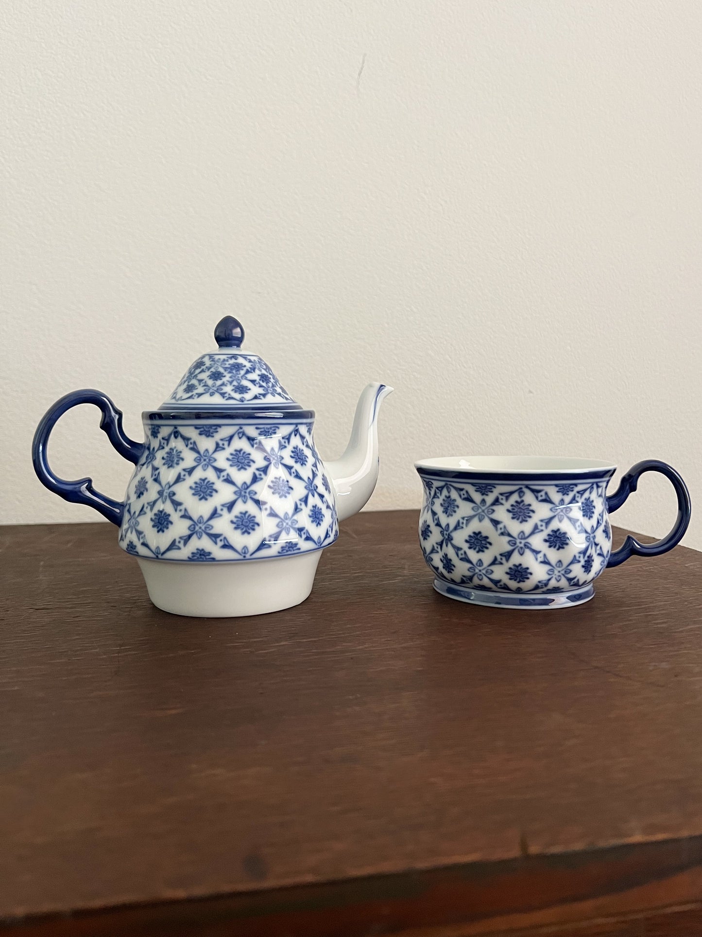 Blue & White Calico Floral Lattice 5 Piece Tea Set