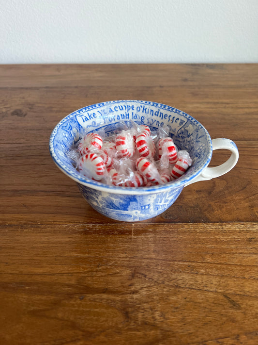 Large Antique “Auld Lang Syne” Blue and White Teacup