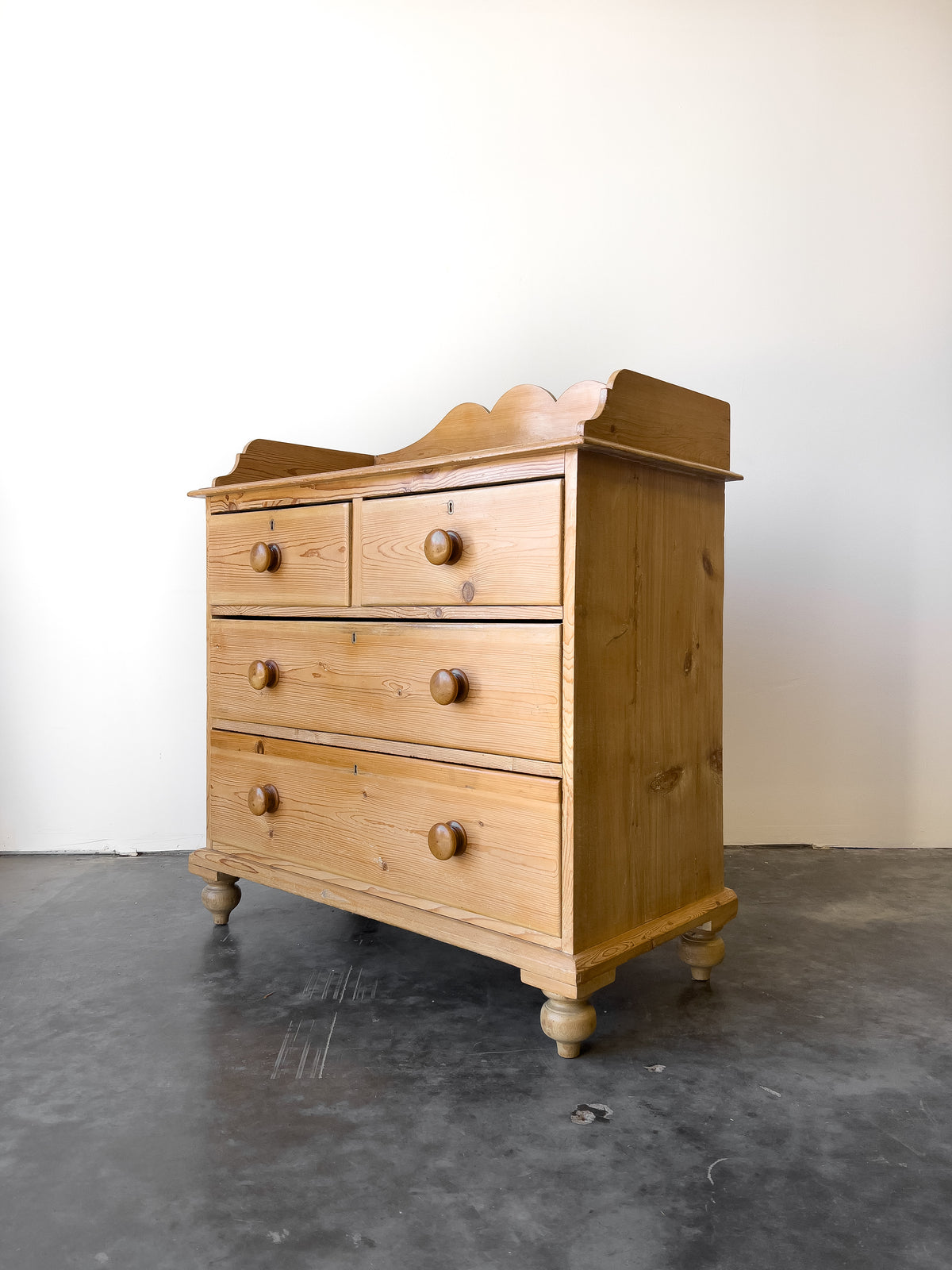 19th Century English Pine Chest of Drawers with Gallery Back