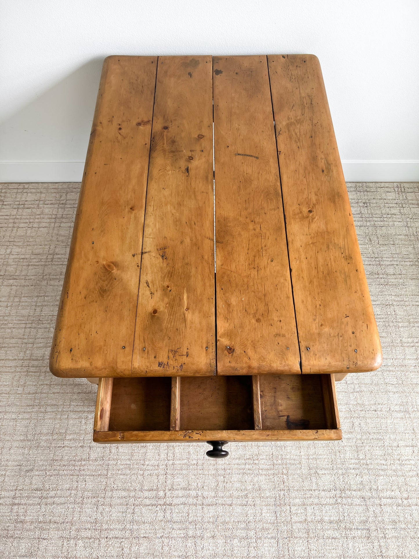 Antique English Pine Kitchen Table with Drawer