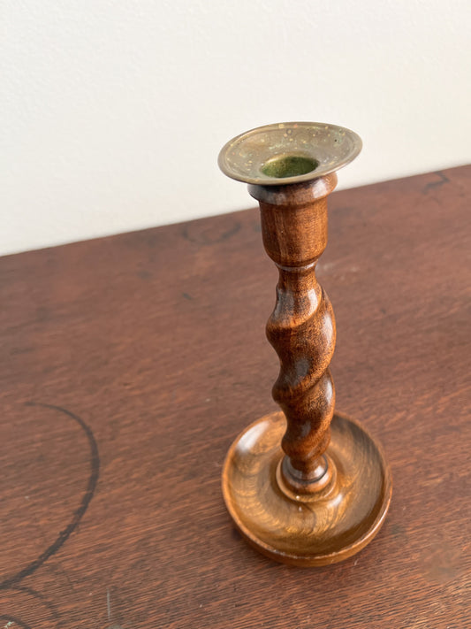 Vintage English Oak Barley Twist Candlestick with Brass Top