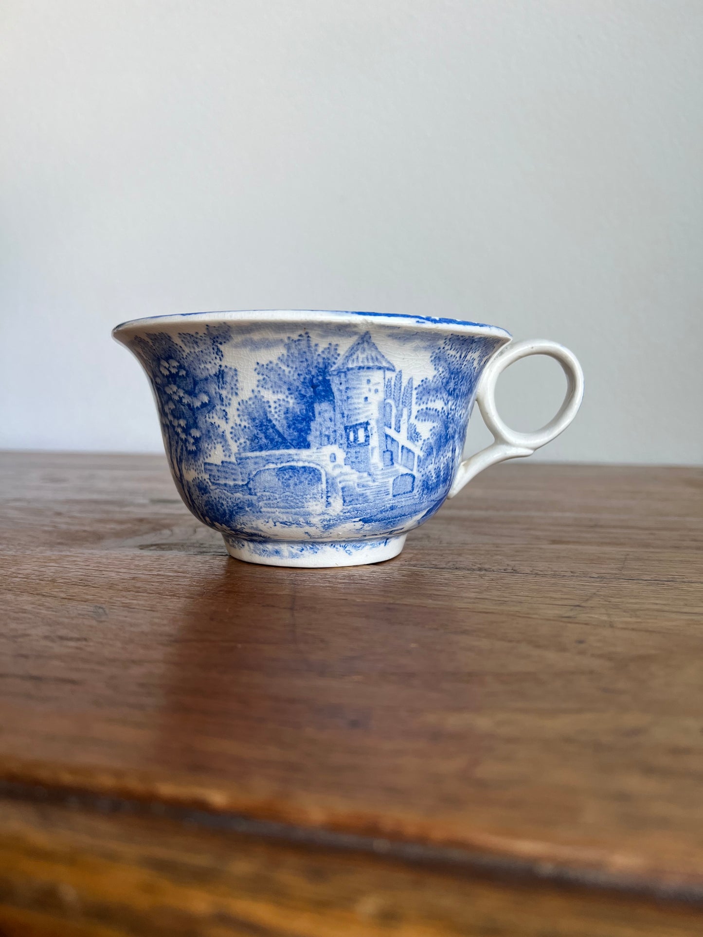 Large Antique “Auld Lang Syne” Blue and White Teacup