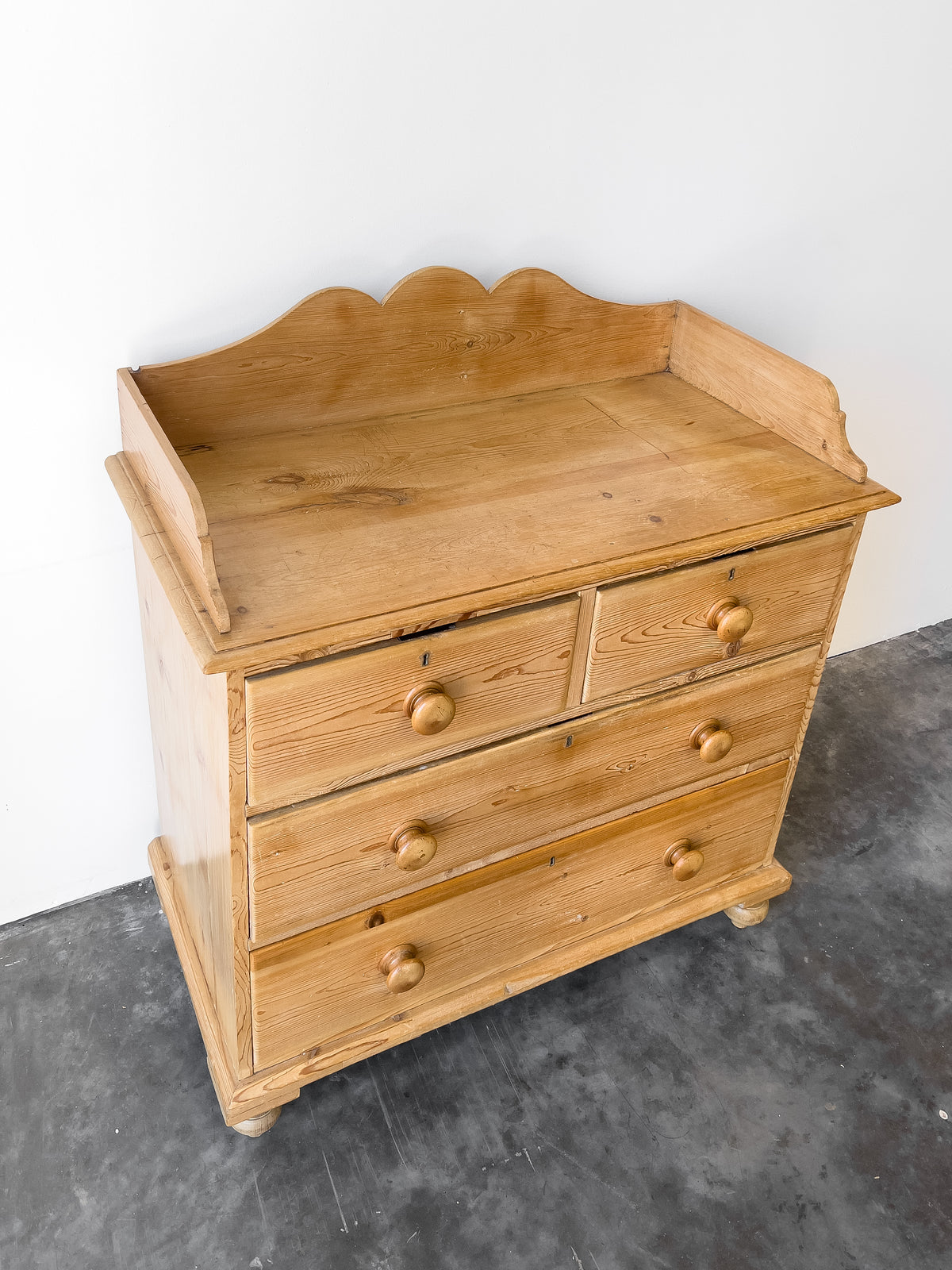 19th Century English Pine Chest of Drawers with Gallery Back