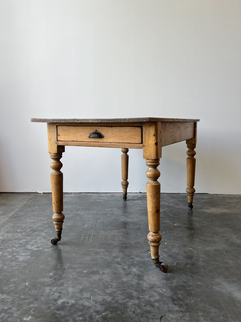 Antique Pine Farmhouse Table on Casters