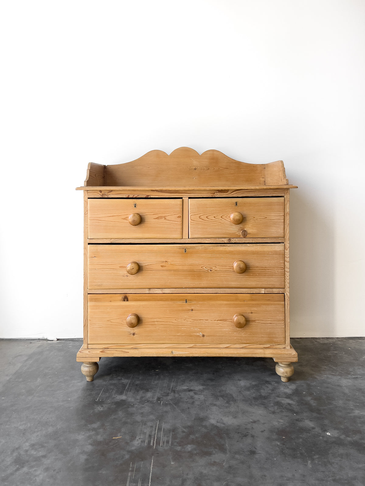 19th Century English Pine Chest of Drawers with Gallery Back