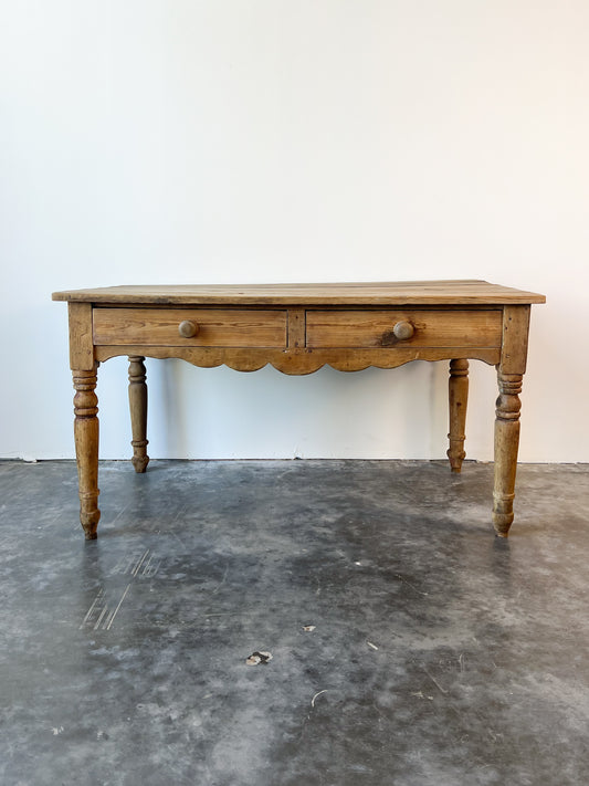 Antique Victorian Pine Side Table with Scalloped Apron