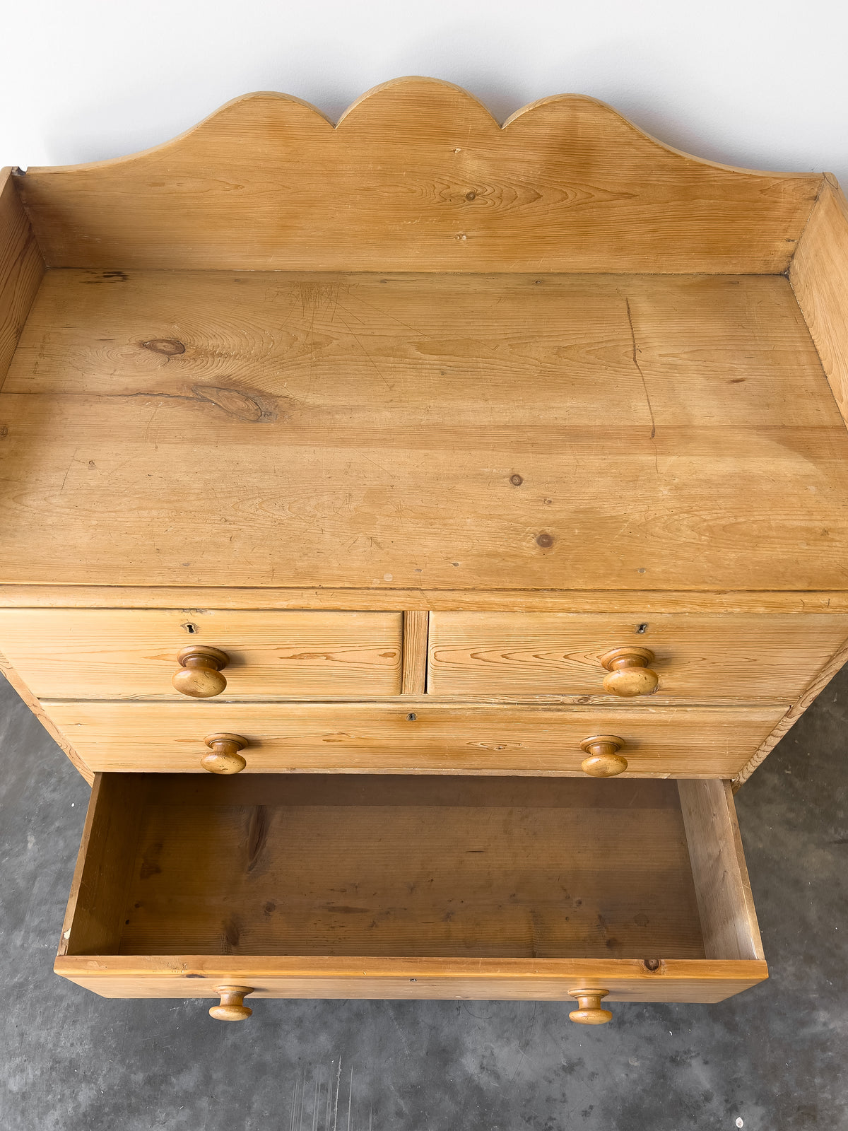 19th Century English Pine Chest of Drawers with Gallery Back