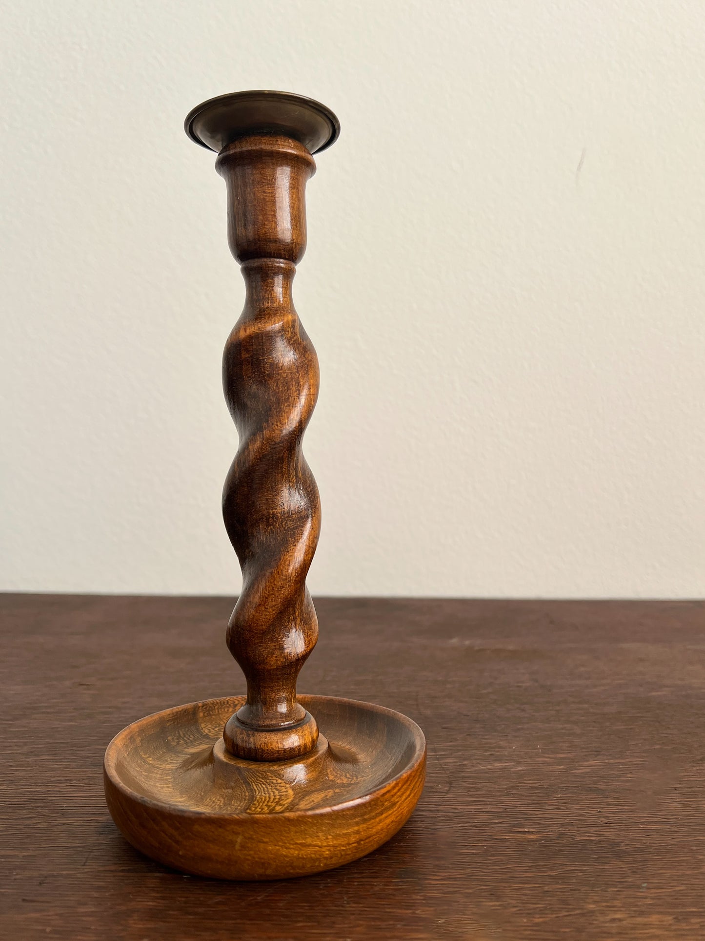 Vintage English Oak Barley Twist Candlestick with Brass Top