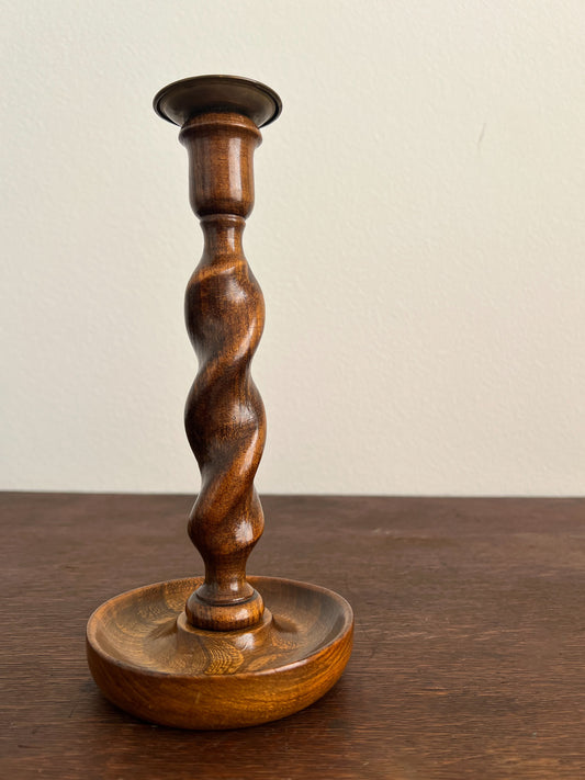 Vintage English Oak Barley Twist Candlestick with Brass Top