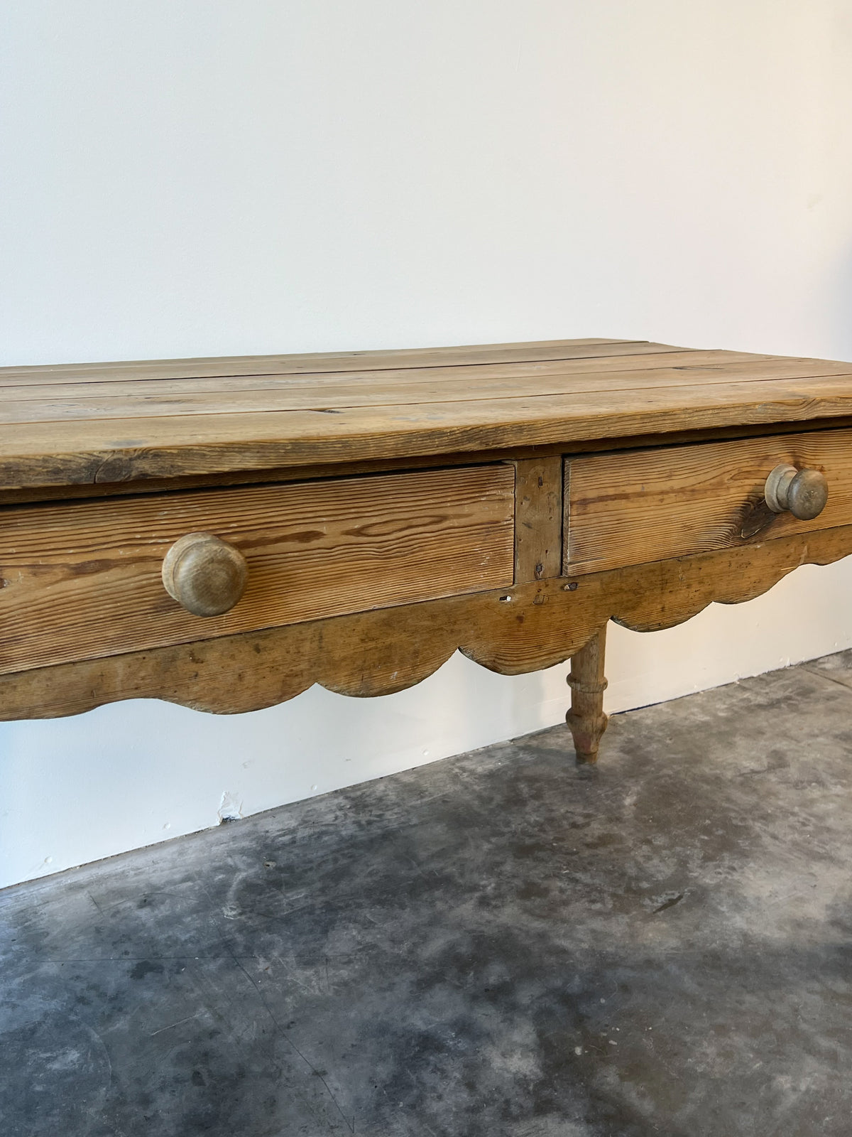 Antique Victorian Pine Side Table with Scalloped Apron