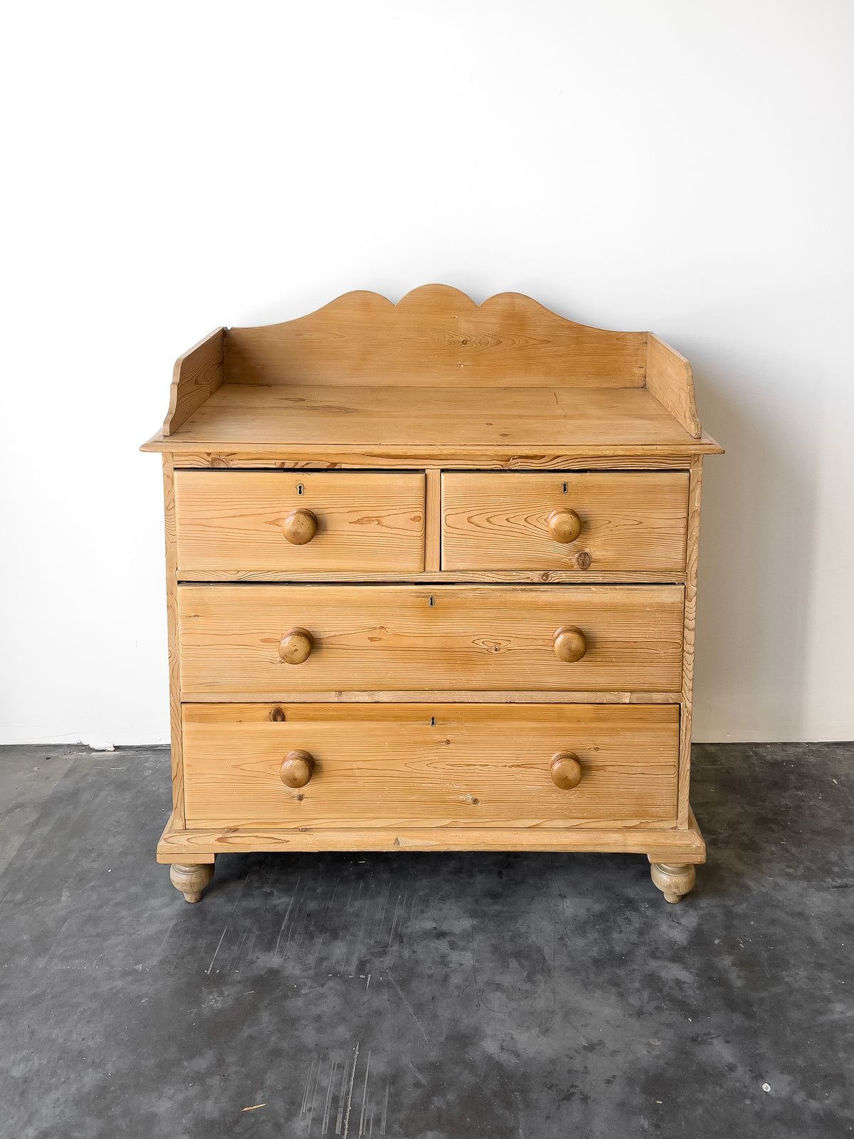 19th Century English Pine Chest of Drawers with Gallery Back