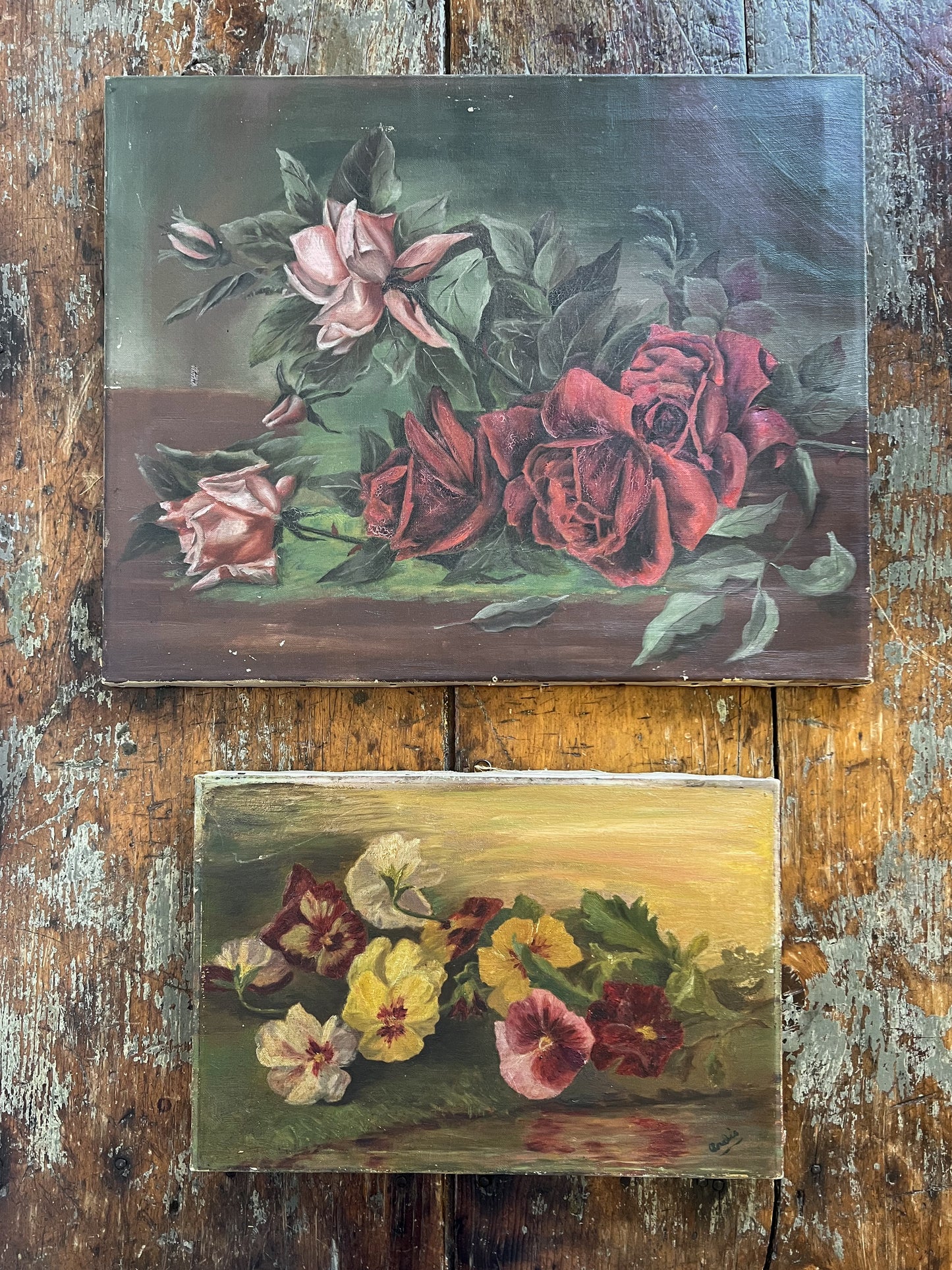 Antique Floral Oil Painting on Canvas