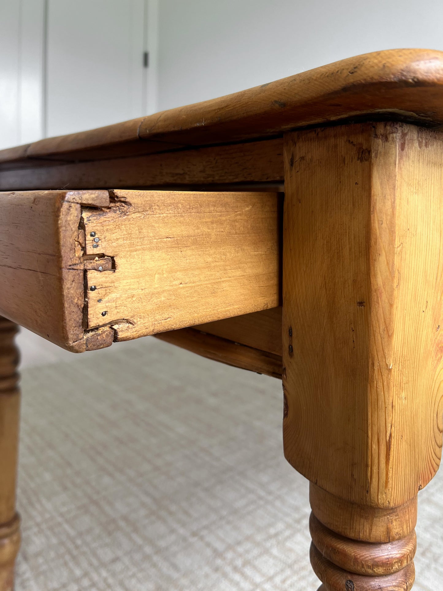Antique English Pine Kitchen Table with Drawer