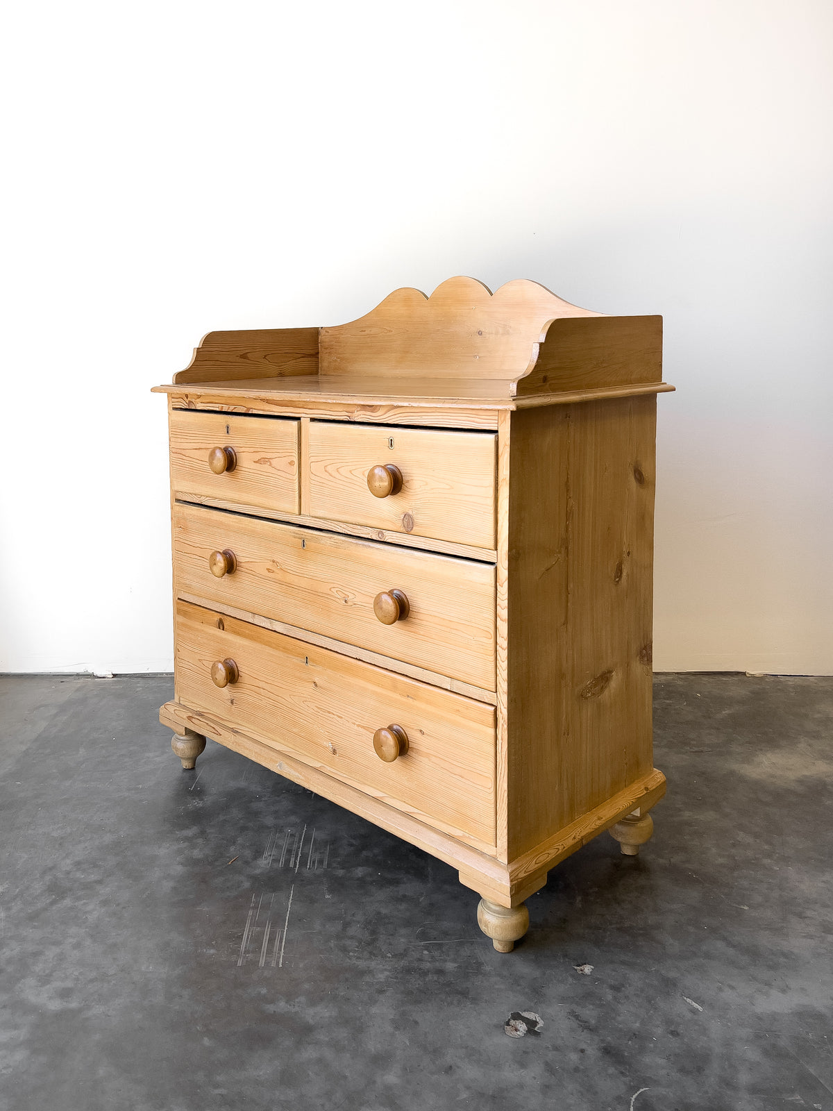 19th Century English Pine Chest of Drawers with Gallery Back