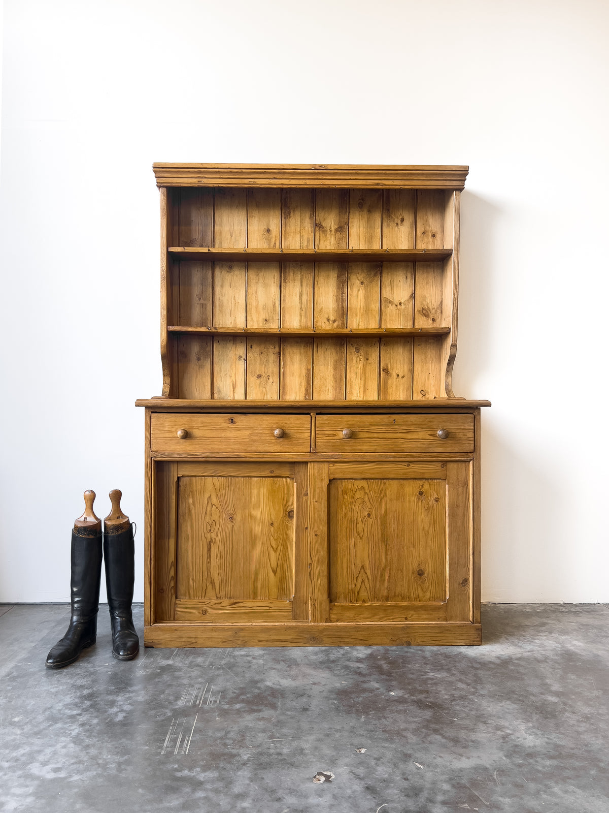 Antique English Pine Dresser with Sliding Door Base