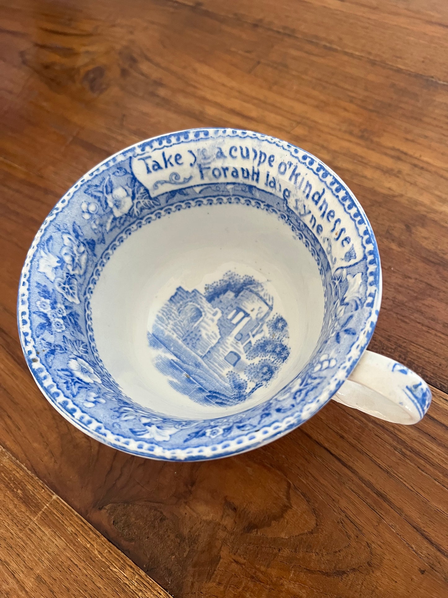 Large Antique “Auld Lang Syne” Blue and White Teacup