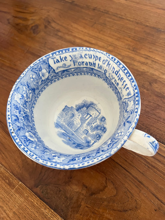 Large Antique “Auld Lang Syne” Blue and White Teacup