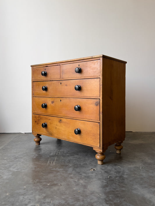 Antique English Pine Rustic Chest of Drawers with Black Knobs