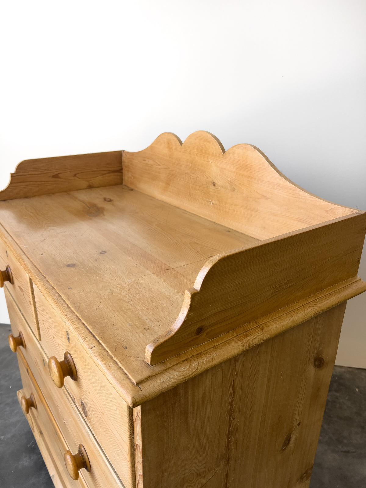 19th Century English Pine Chest of Drawers with Gallery Back