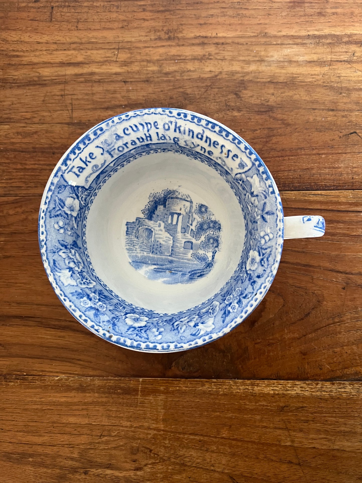 Large Antique “Auld Lang Syne” Blue and White Teacup