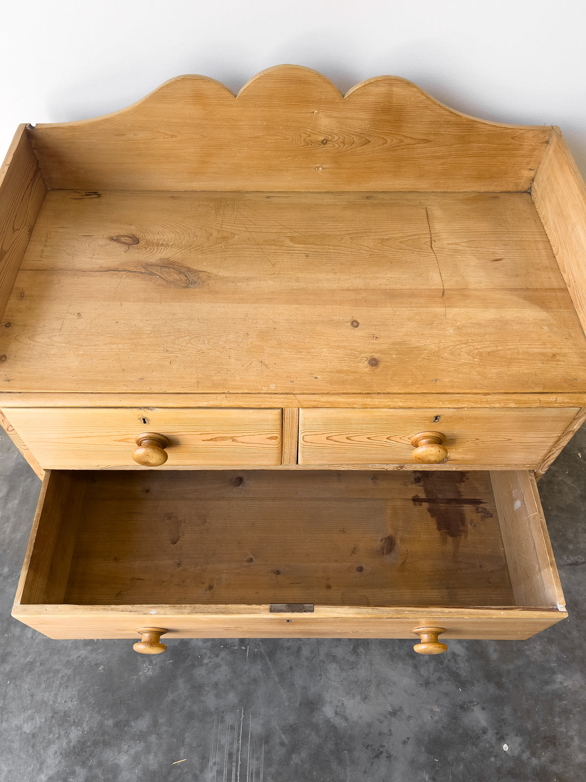 19th Century English Pine Chest of Drawers with Gallery Back