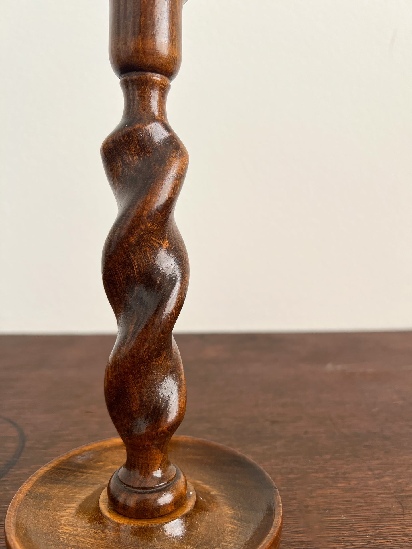 Vintage English Oak Barley Twist Candlestick with Brass Top