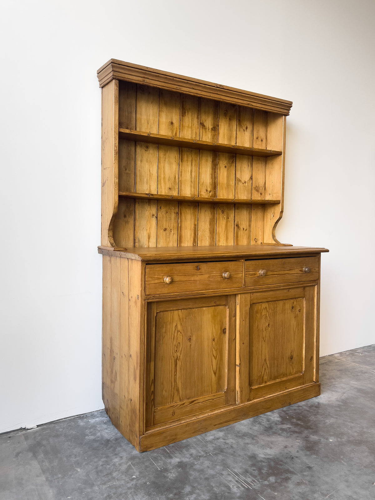 Antique English Pine Dresser with Sliding Door Base