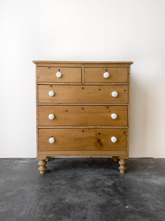 19th Century English Pine Chest of Drawers | Dresser with Porcelain Knobs