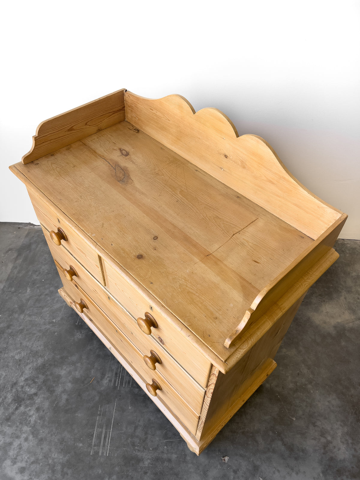 19th Century English Pine Chest of Drawers with Gallery Back