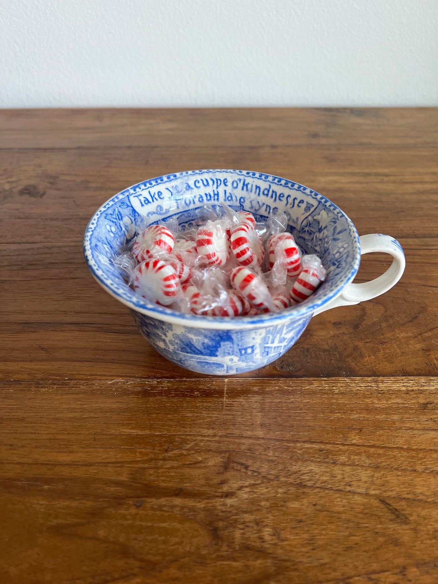 Large Antique “Auld Lang Syne” Blue and White Teacup