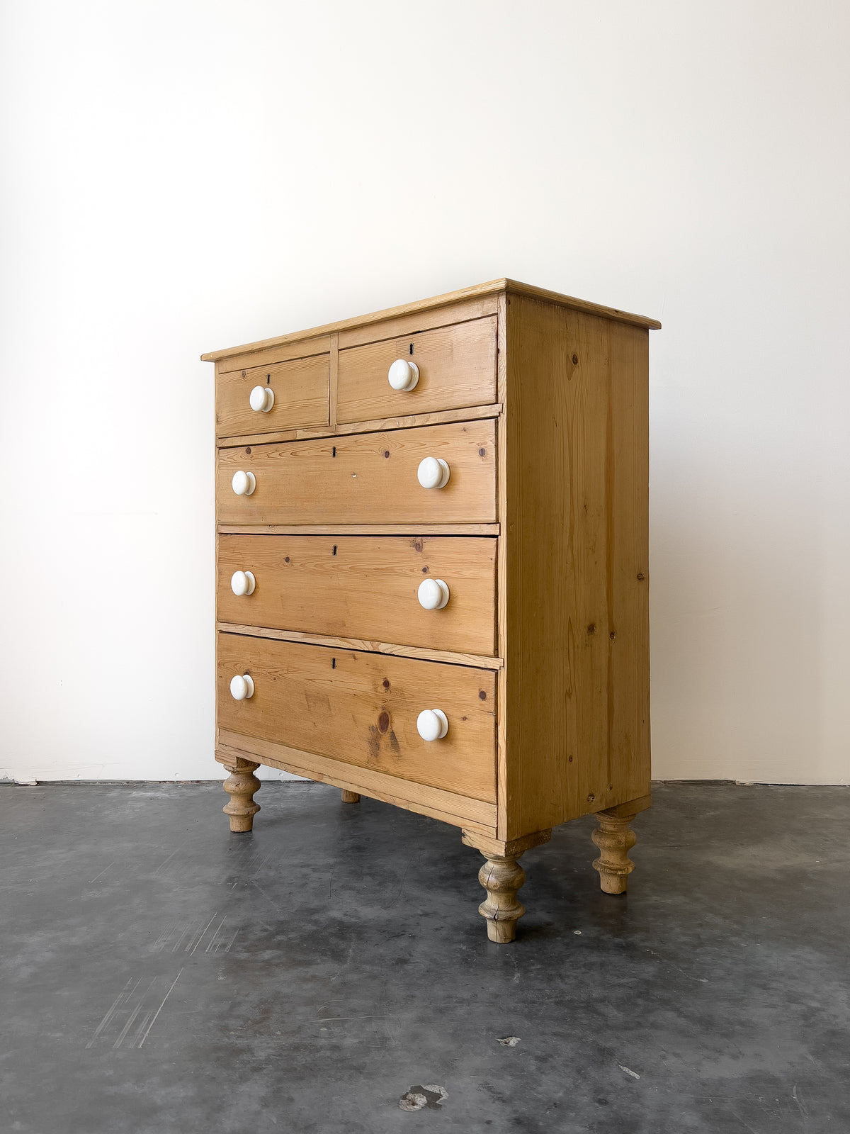 19th Century English Pine Chest of Drawers | Dresser with Porcelain Knobs