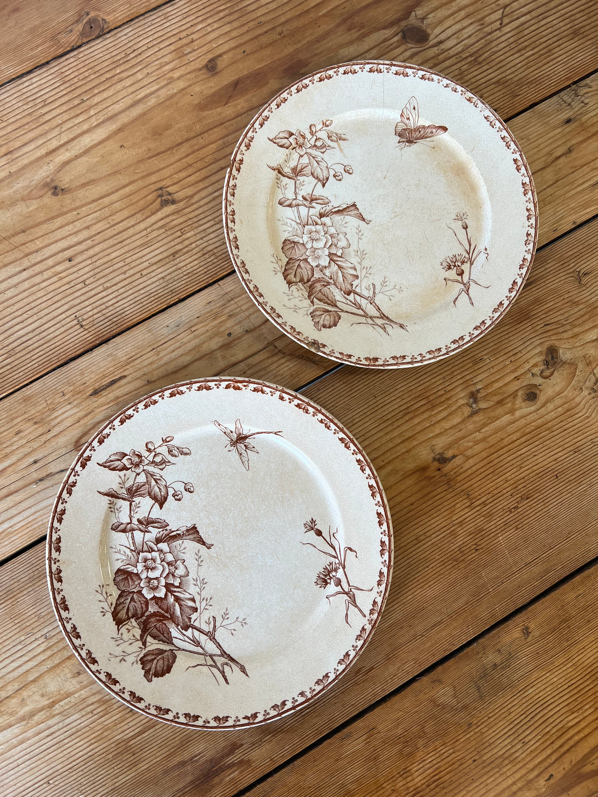 Antique French Terre de Fer Brown Transferware Plates